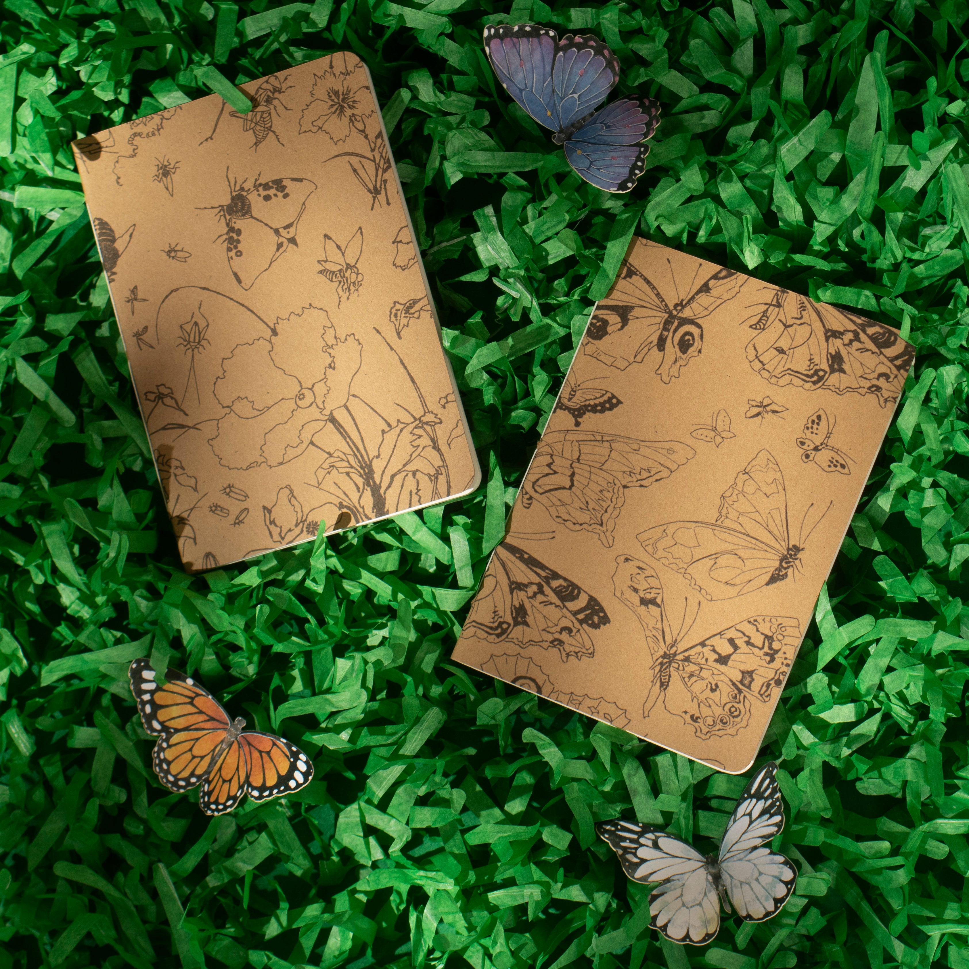 Fronts of two kraft brown notebooks with insect and floral illustrations on a paper grass background